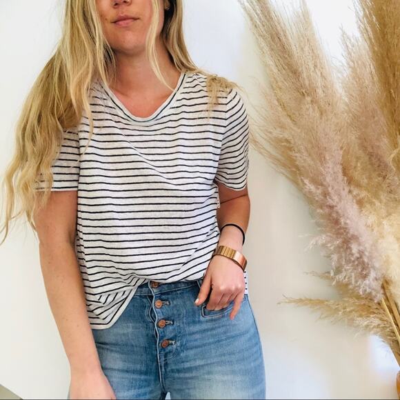 JOIE White Blue Striped Ruffle Tiered Eyelet Lace Back Tee Shirt Relaxed Top S - Picture 2 of 10